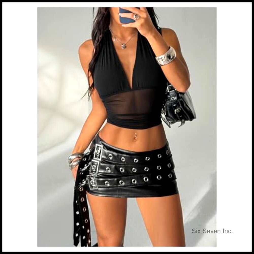 PU Leather Bodycon Mini Skirt with Buckle Grommet Eyelet Summer Party - Picture 5 of 5
